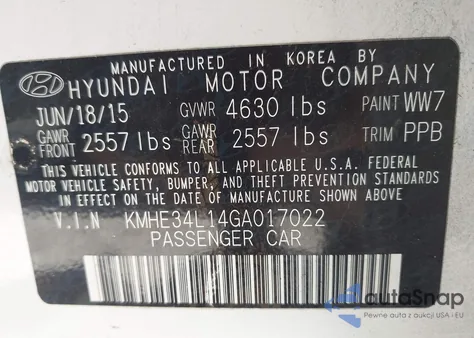 2016 Hyundai Sonata Hybrid Limited из США, поврежденный, VIN KMHE34L14GA017022